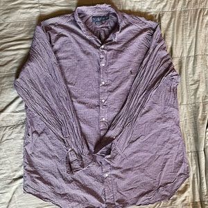 Polo dress shirt with an extra snap added after the bottom button as I am 6’5”